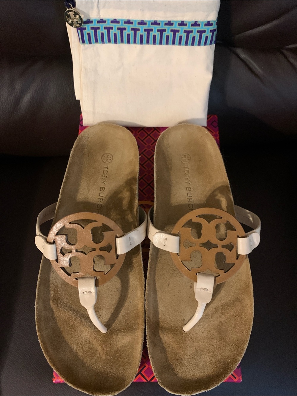 Tory Burch Miller Cloud Cream / Caramel Leather Logo Thong Sandals